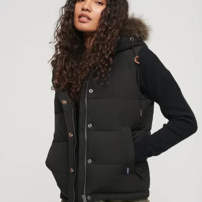 Superdry Black Everest Faux Fur Puffer 100% Cotton Gilet